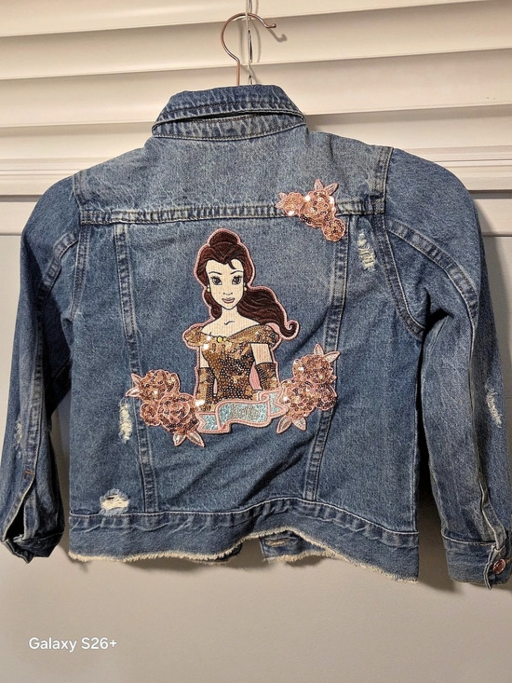 Disney Princess Belle Sequin Denim Jacket Embroidered Denim Jean Jacket in Blue